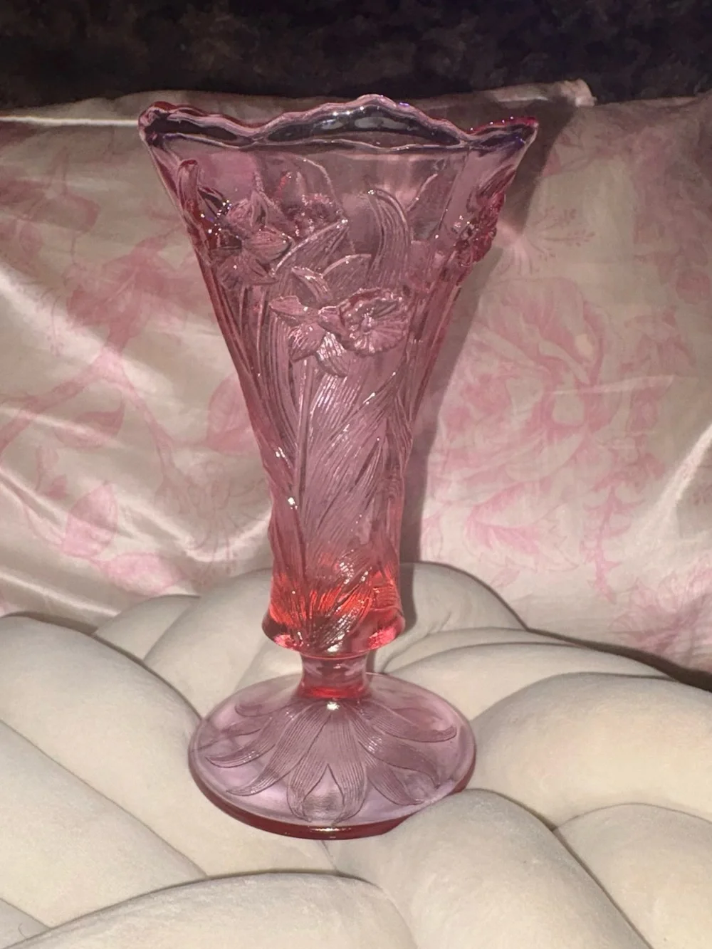 Fenton Pink Floral Pressed Glass Vase
